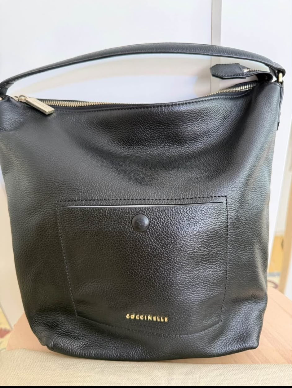 Coccinelle black pebbled leather hobo bag front view