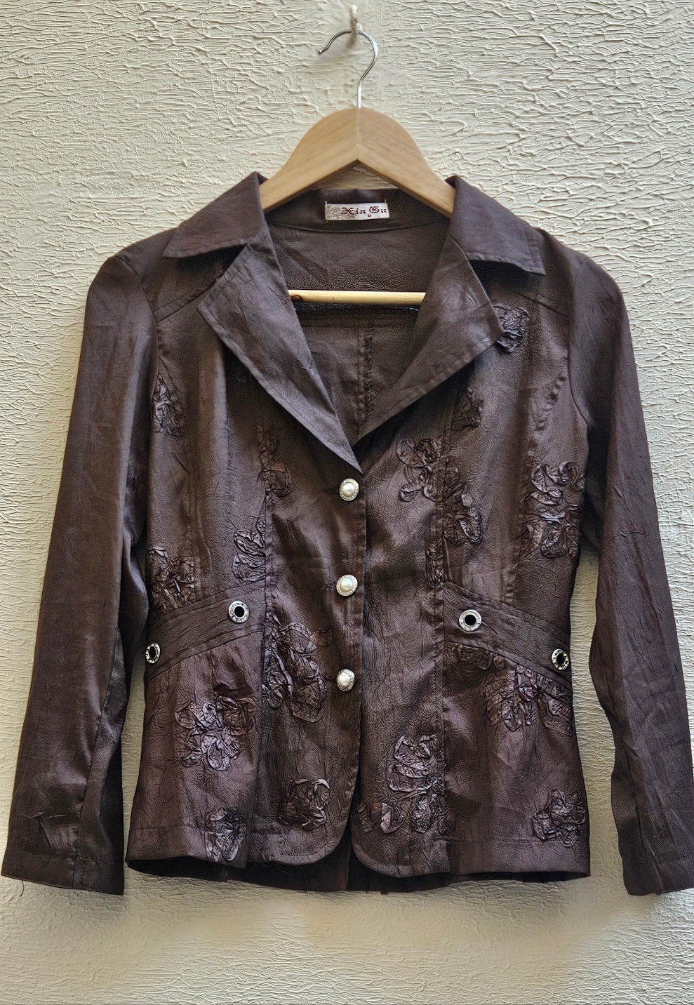 Brown Embroidered Button-Up Blouse