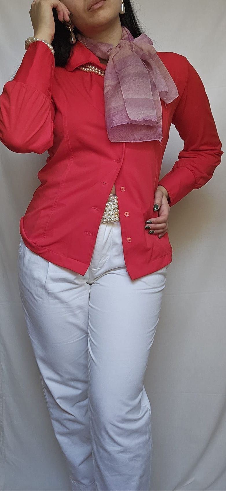 Red Vintage Button-Up Blouse