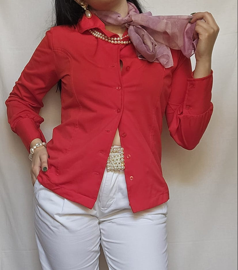 Red Vintage Button-Up Blouse