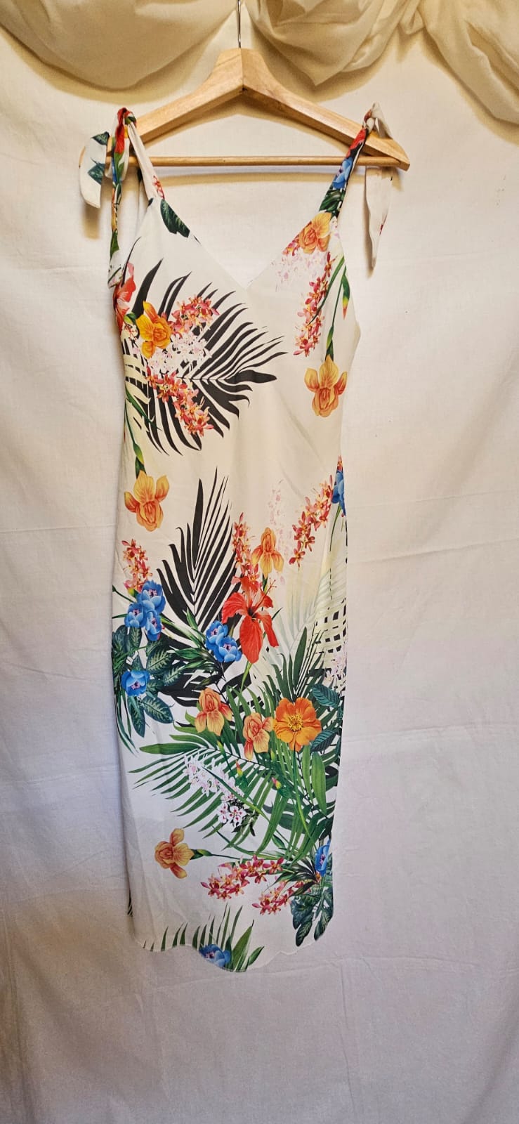 White Tropical Floral Tie-Strap Midi Dress