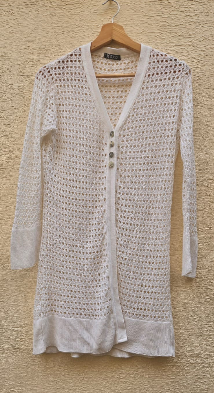 White Crochet Long Cardigan