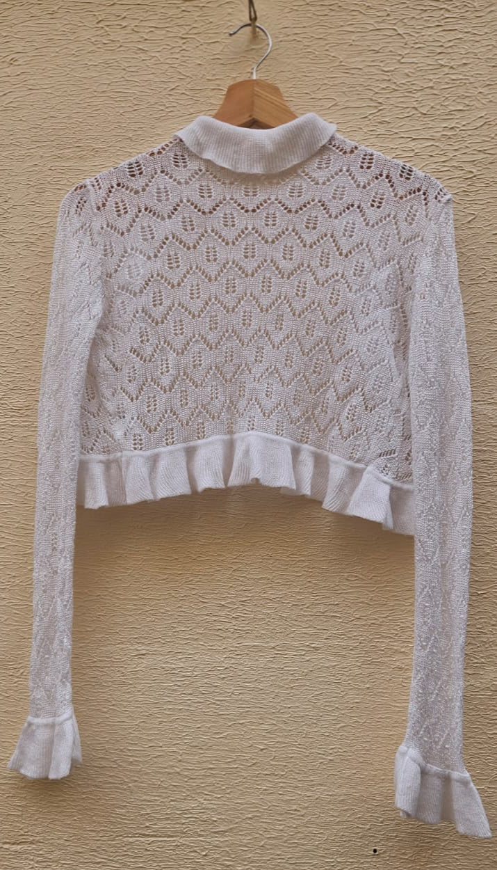 White Ruffle Crop Cardigan