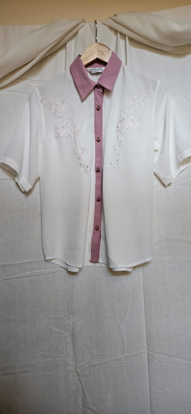 TT Tung Tai vintage white blouse with pink collar on hanger - full view