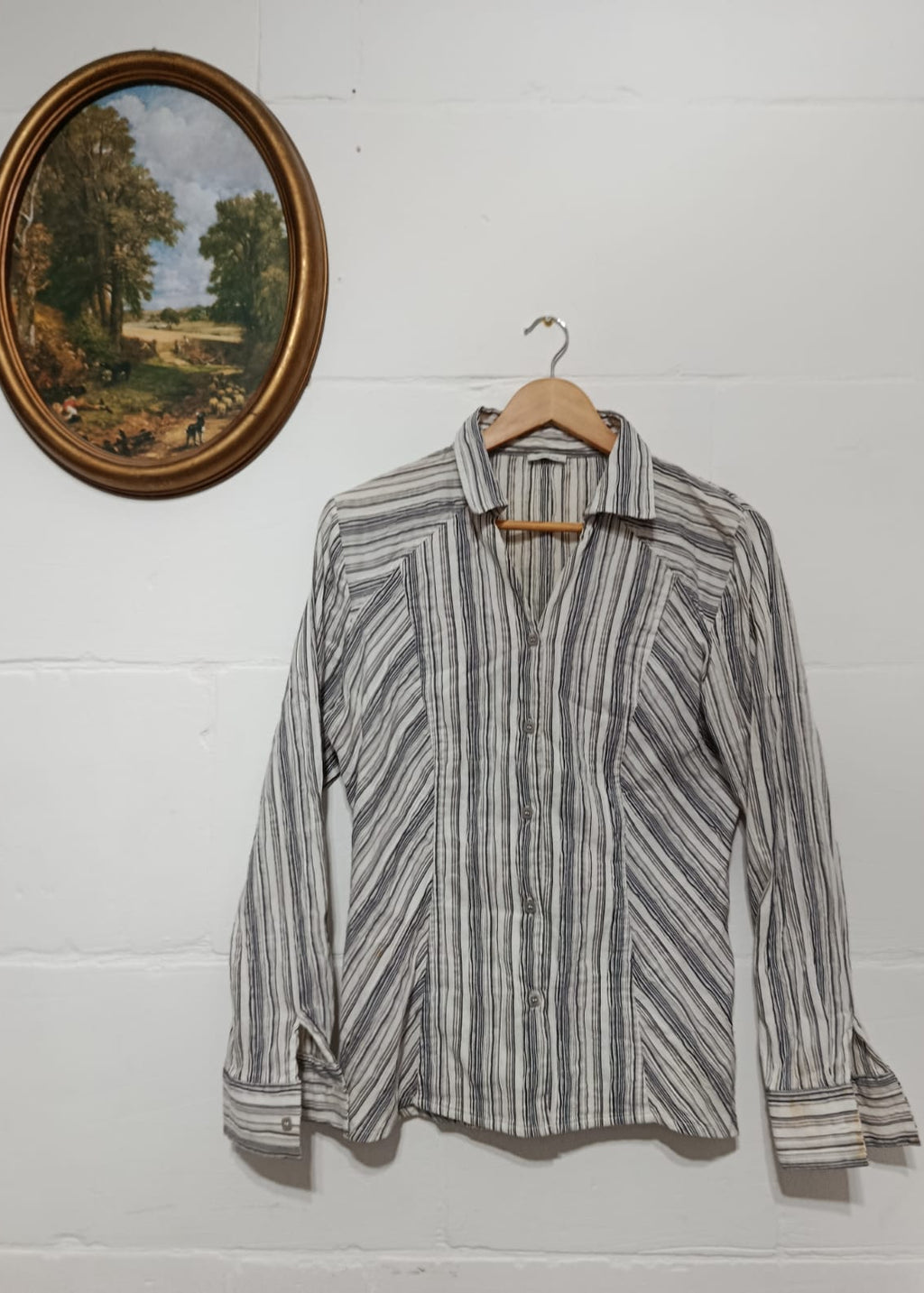 Full view of a size S neutral striped long-sleeve button-down shirt