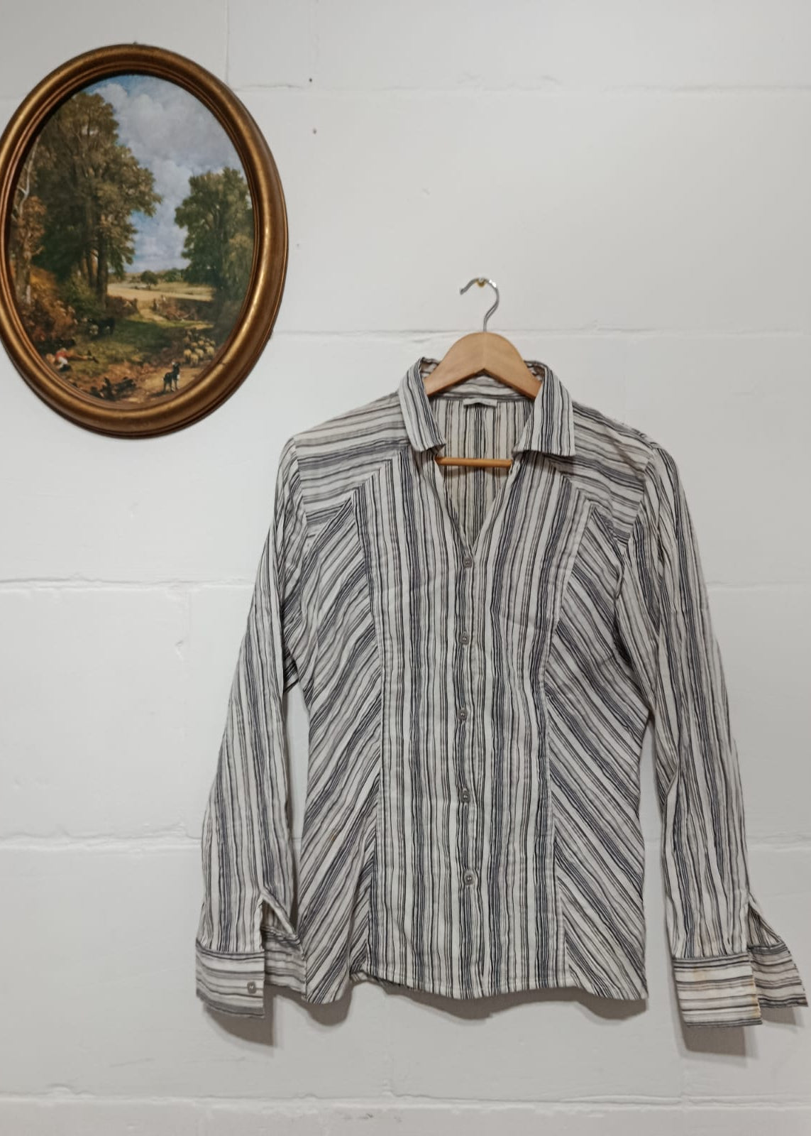 Full view of a size S neutral striped long-sleeve button-down shirt