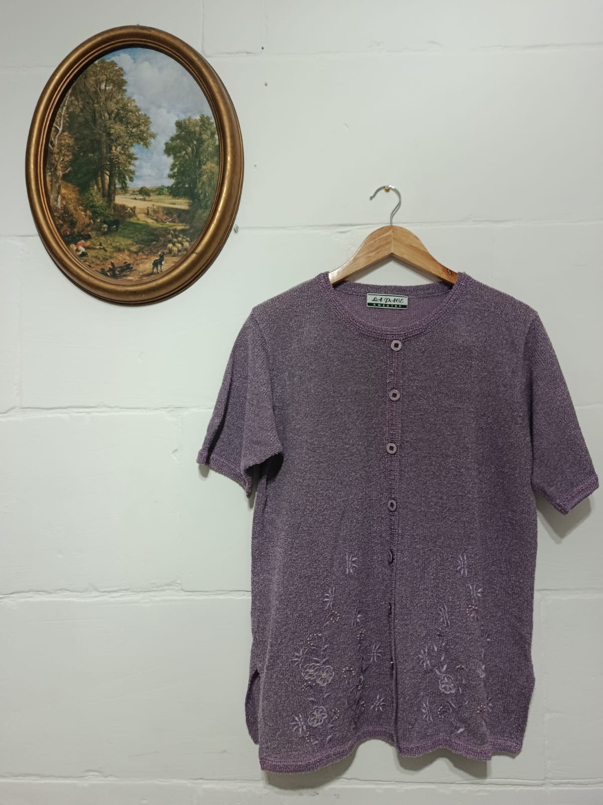 Full view of a vintage lilac-purple short-sleeve La Dore embroidered cardigan