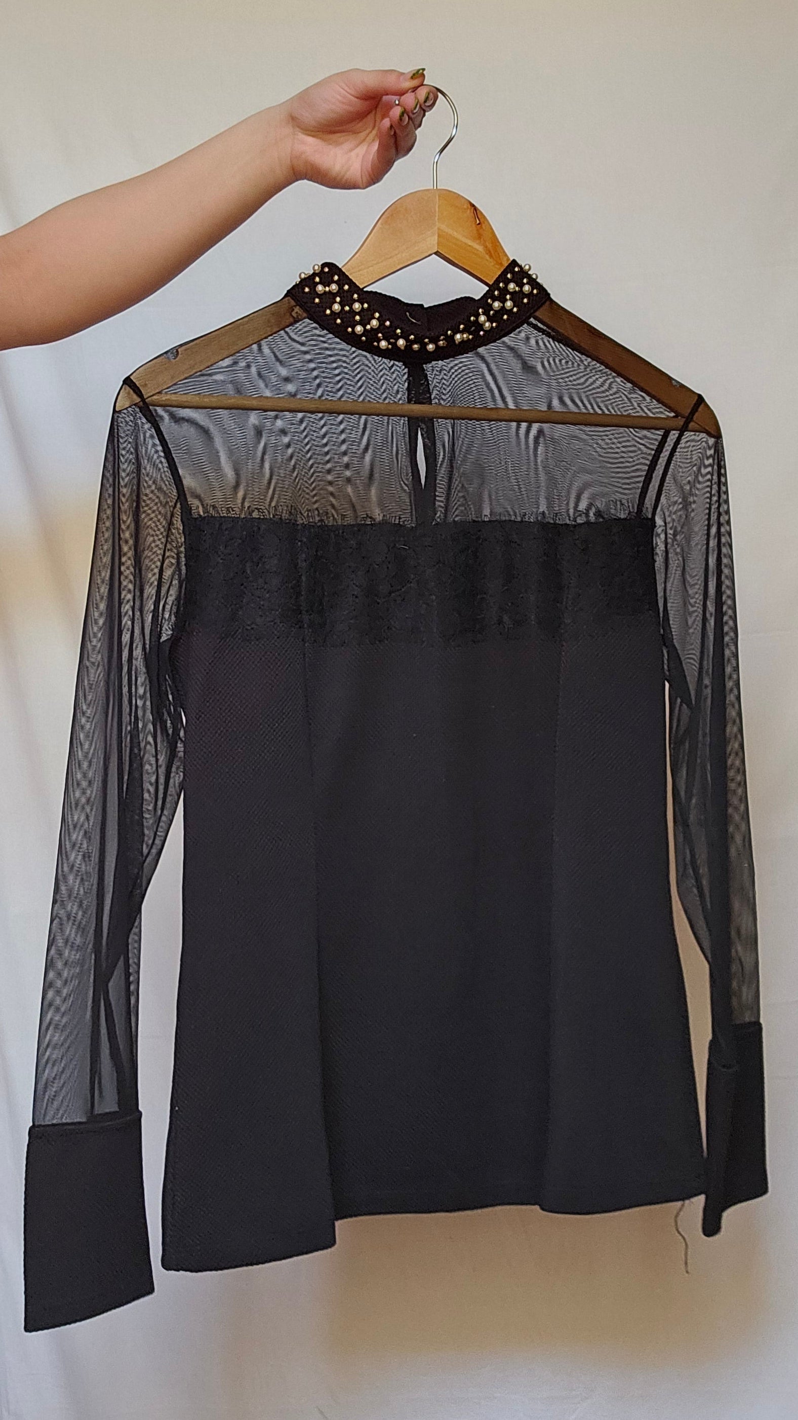 Black Mesh Pearl Collar Top