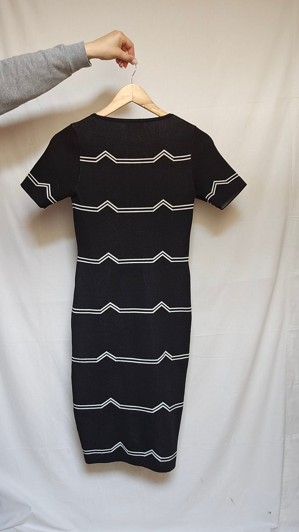 Black Stripe Knit Dress with Floral Embroidery