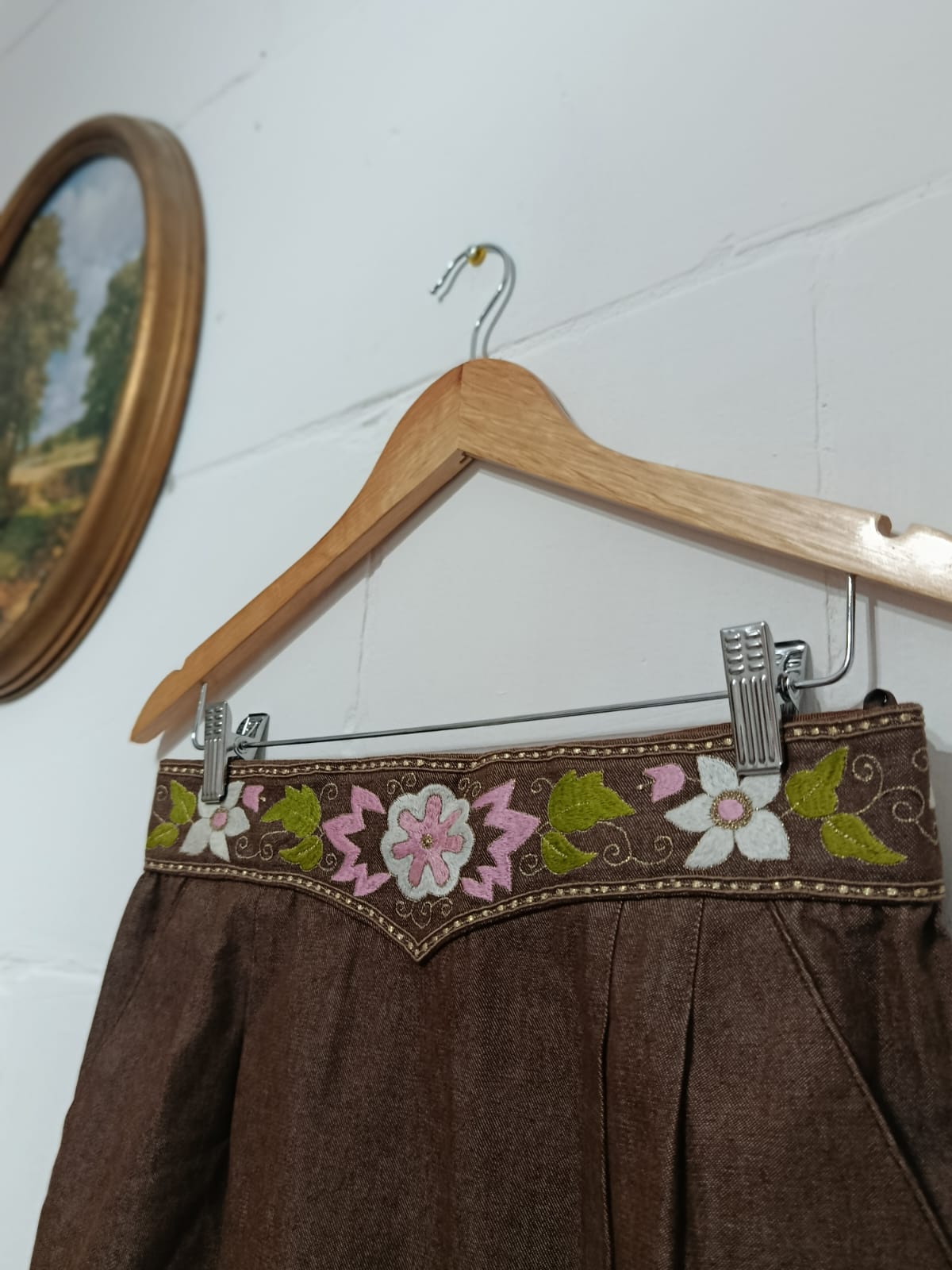Vintage Folklore Embroidered Waist Brown Midi Skirt