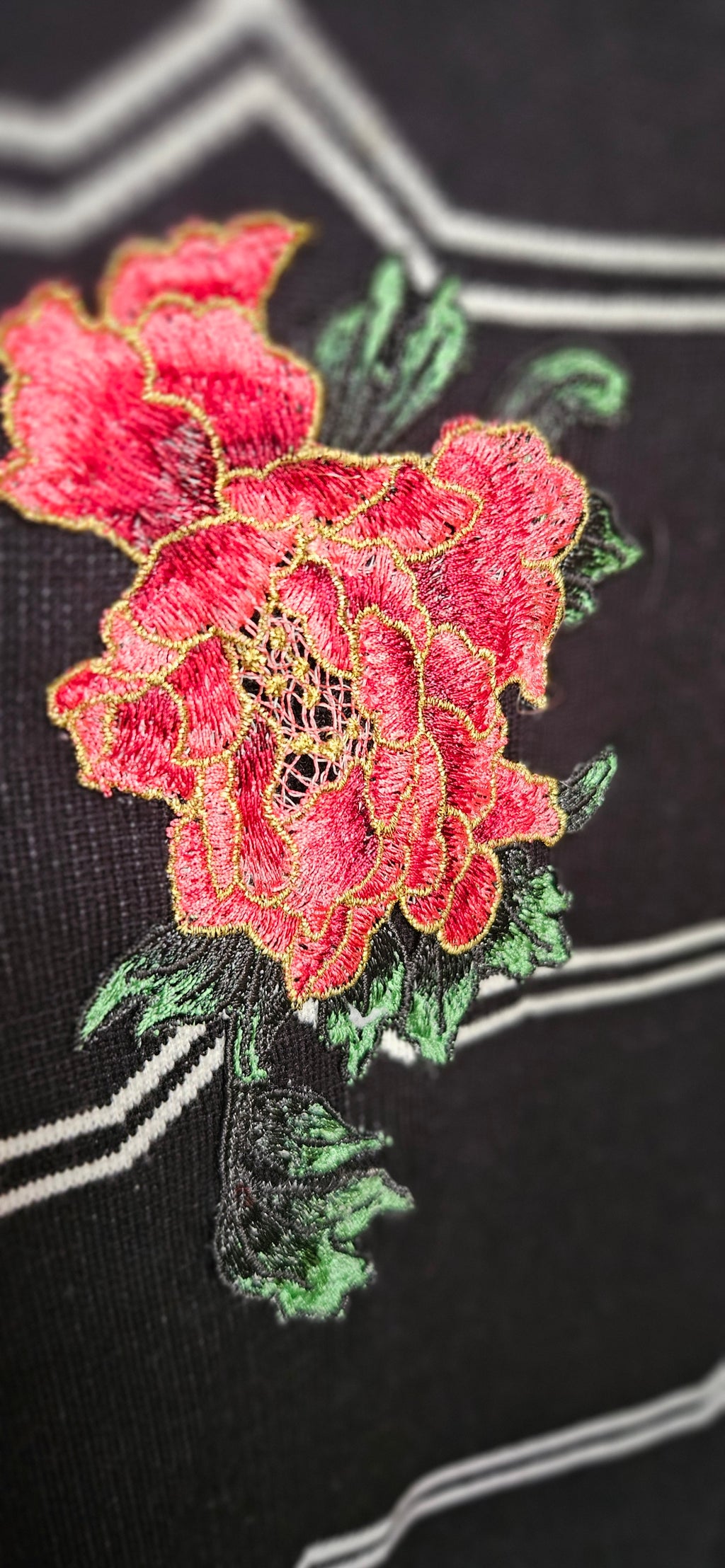 Black Stripe Knit Dress with Floral Embroidery