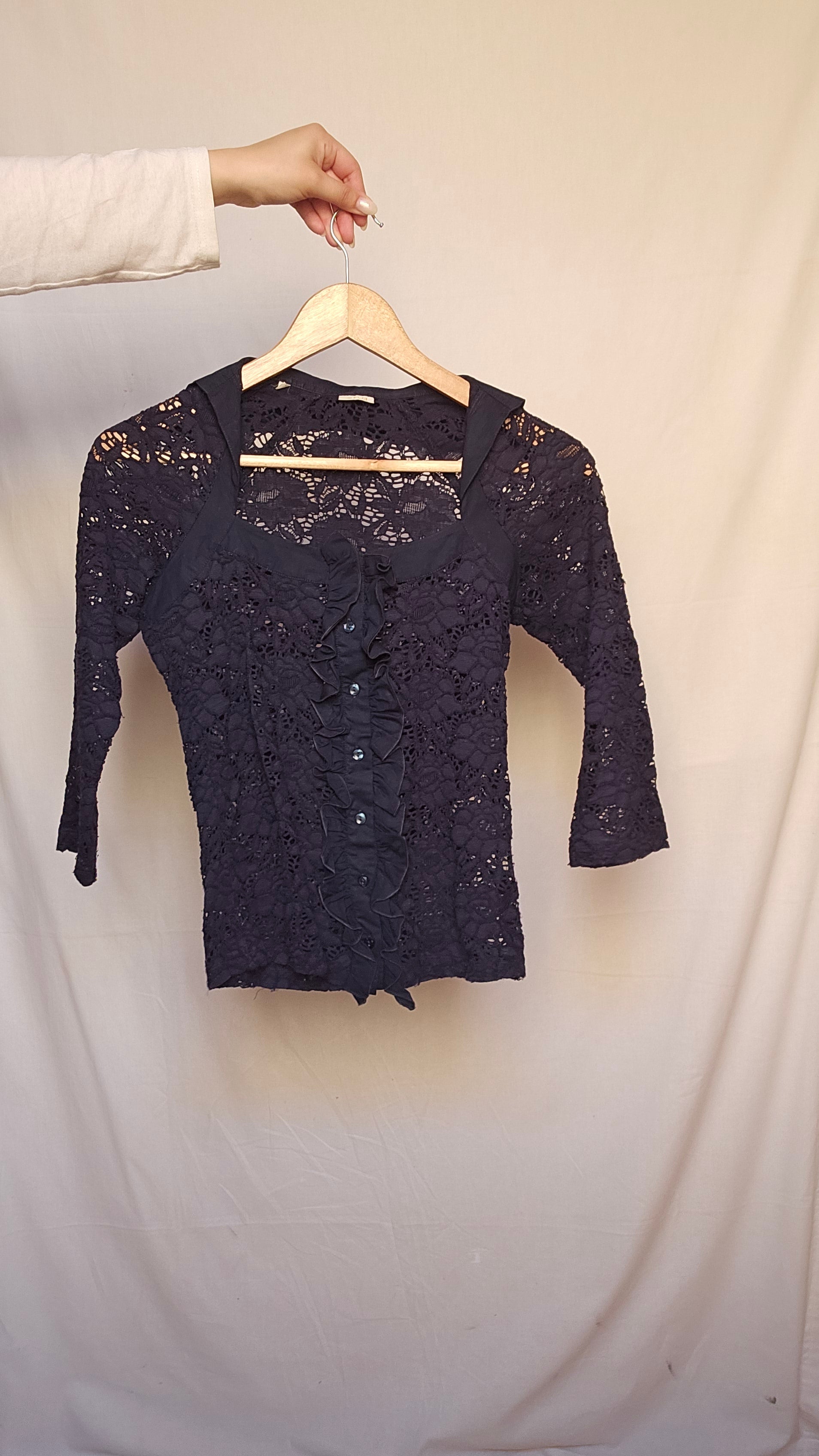 Navy Lace Button-Up Top