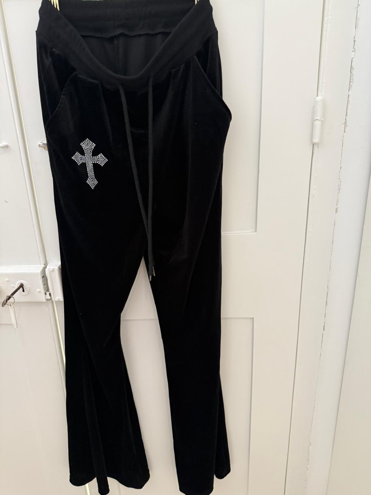 Black Velvet Rhinestone Cross Flare Trousers - Poppy's Closet