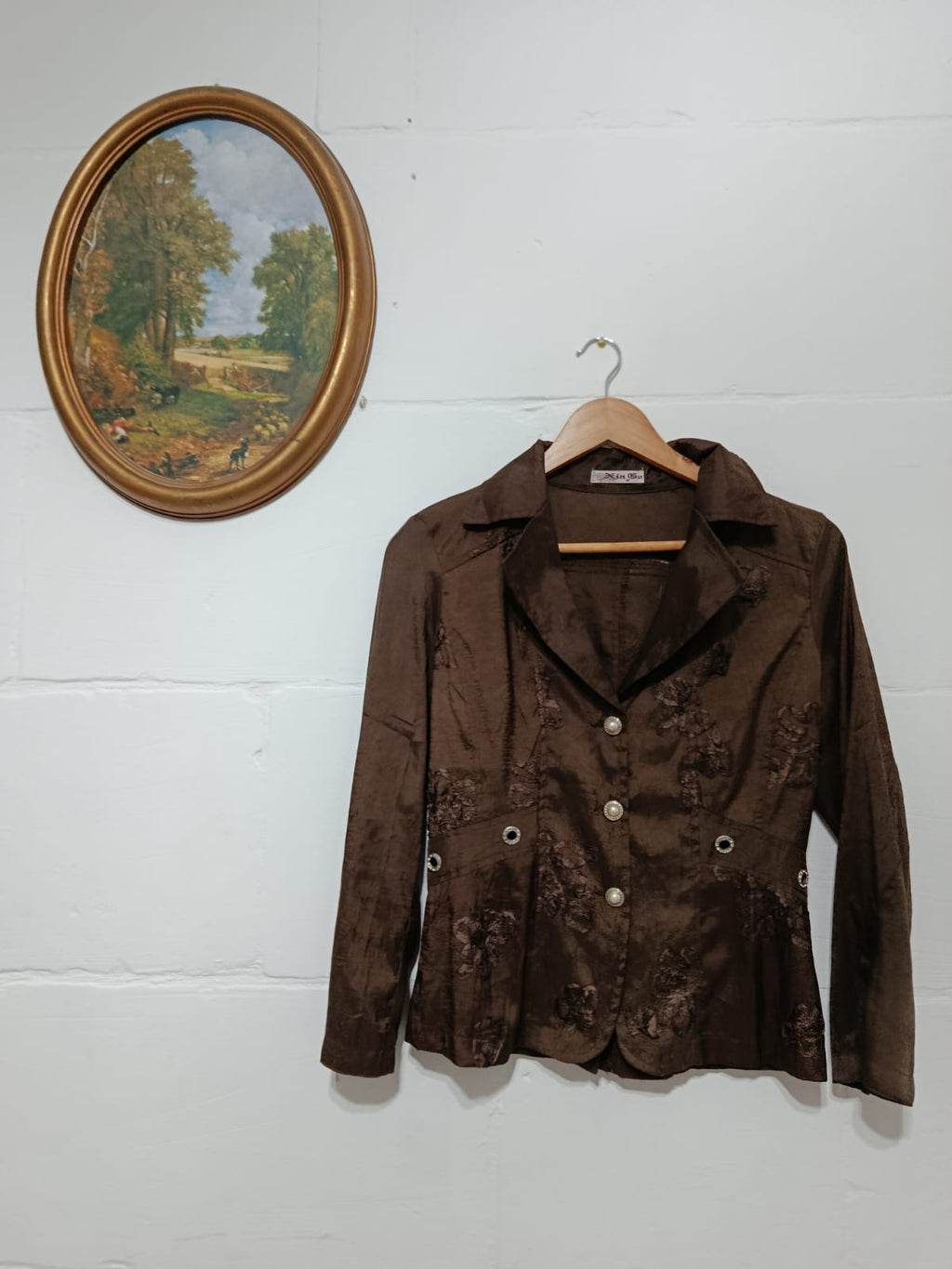 Brown Embroidered Button-Up Blouse