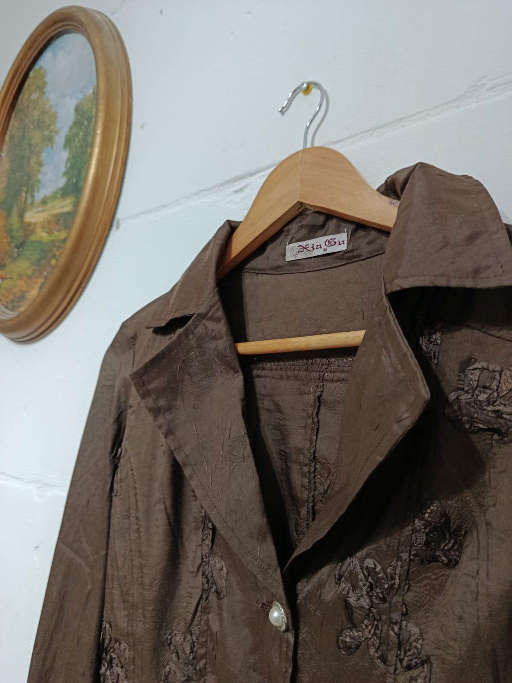 Brown Embroidered Button-Up Blouse