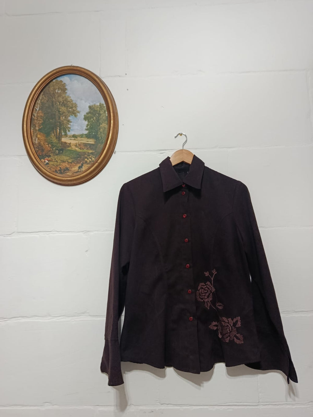 Vintage Espresso Brown Embroidered Rose Blouse
