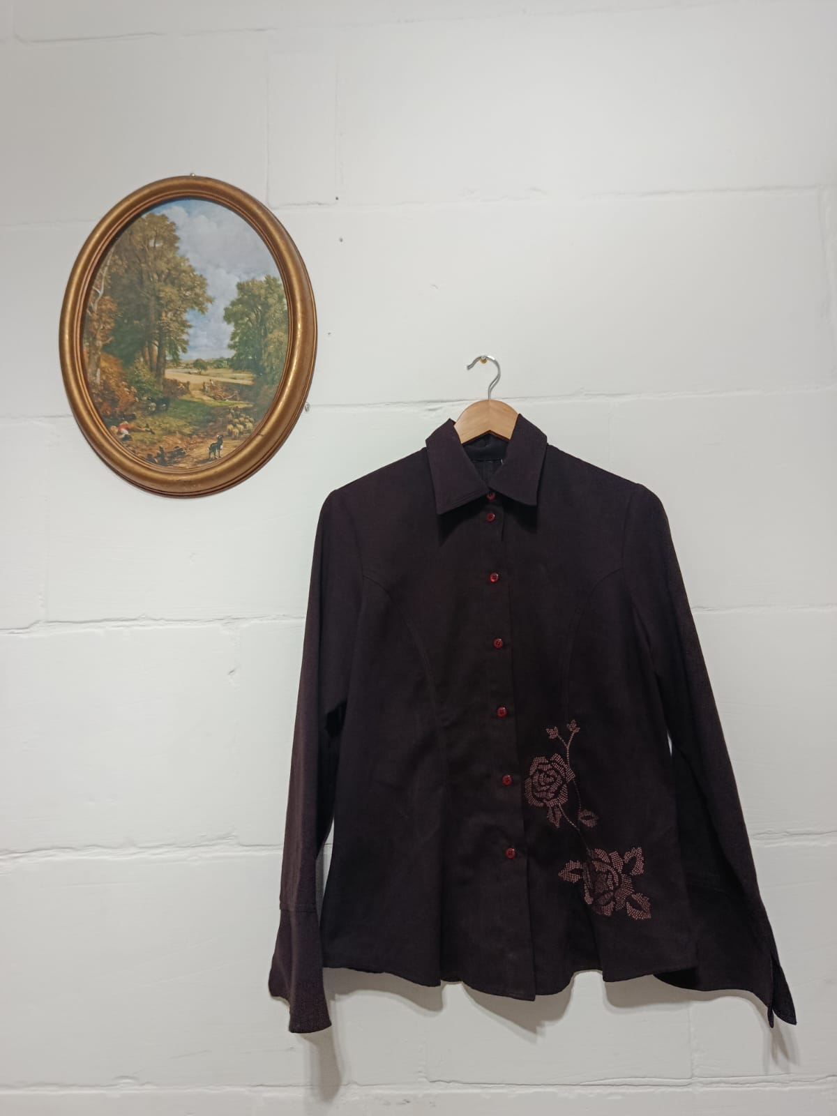 Vintage Espresso Brown Embroidered Rose Blouse