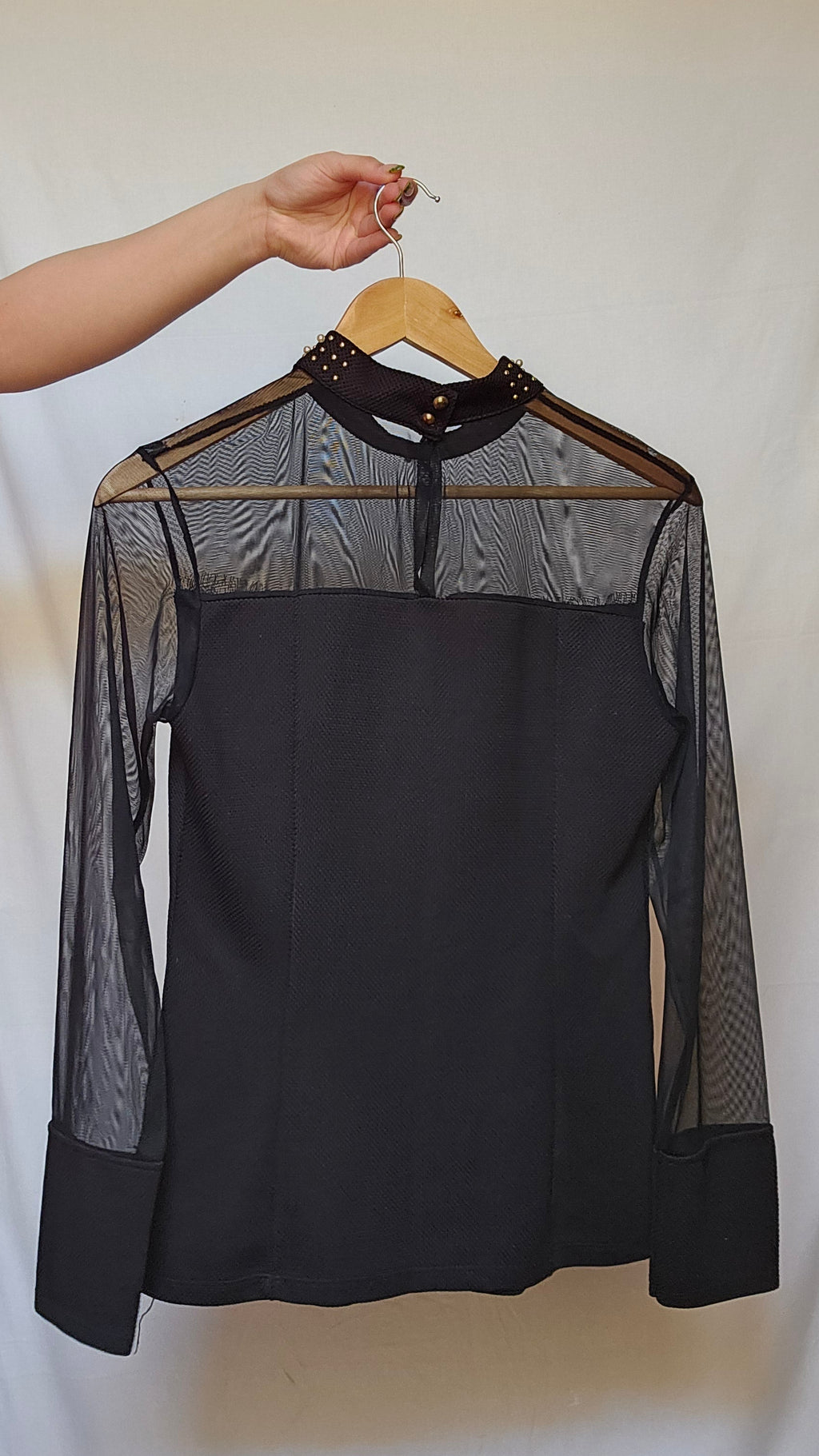 Black Mesh Pearl Collar Top