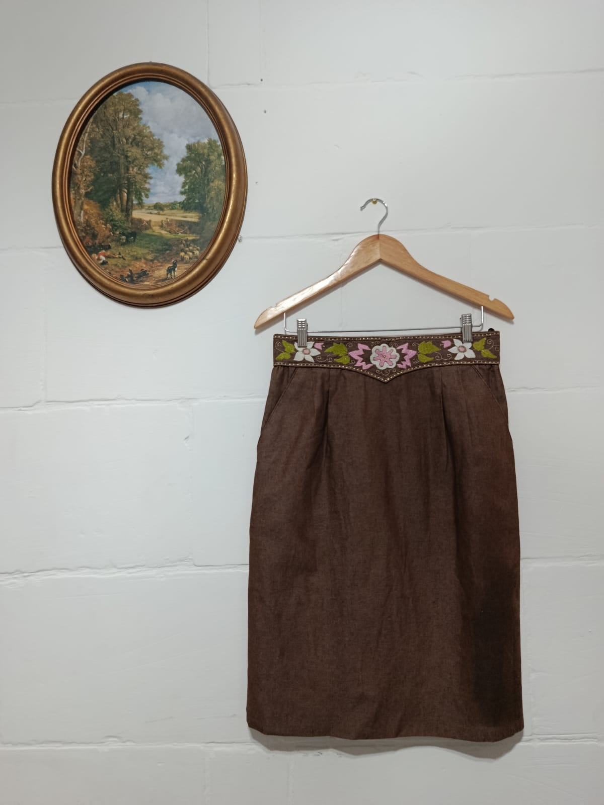 Vintage Folklore Embroidered Waist Brown Midi Skirt