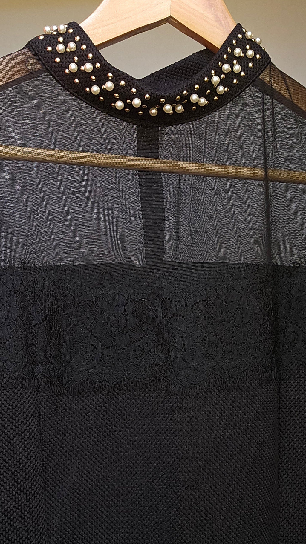 Black Mesh Pearl Collar Top