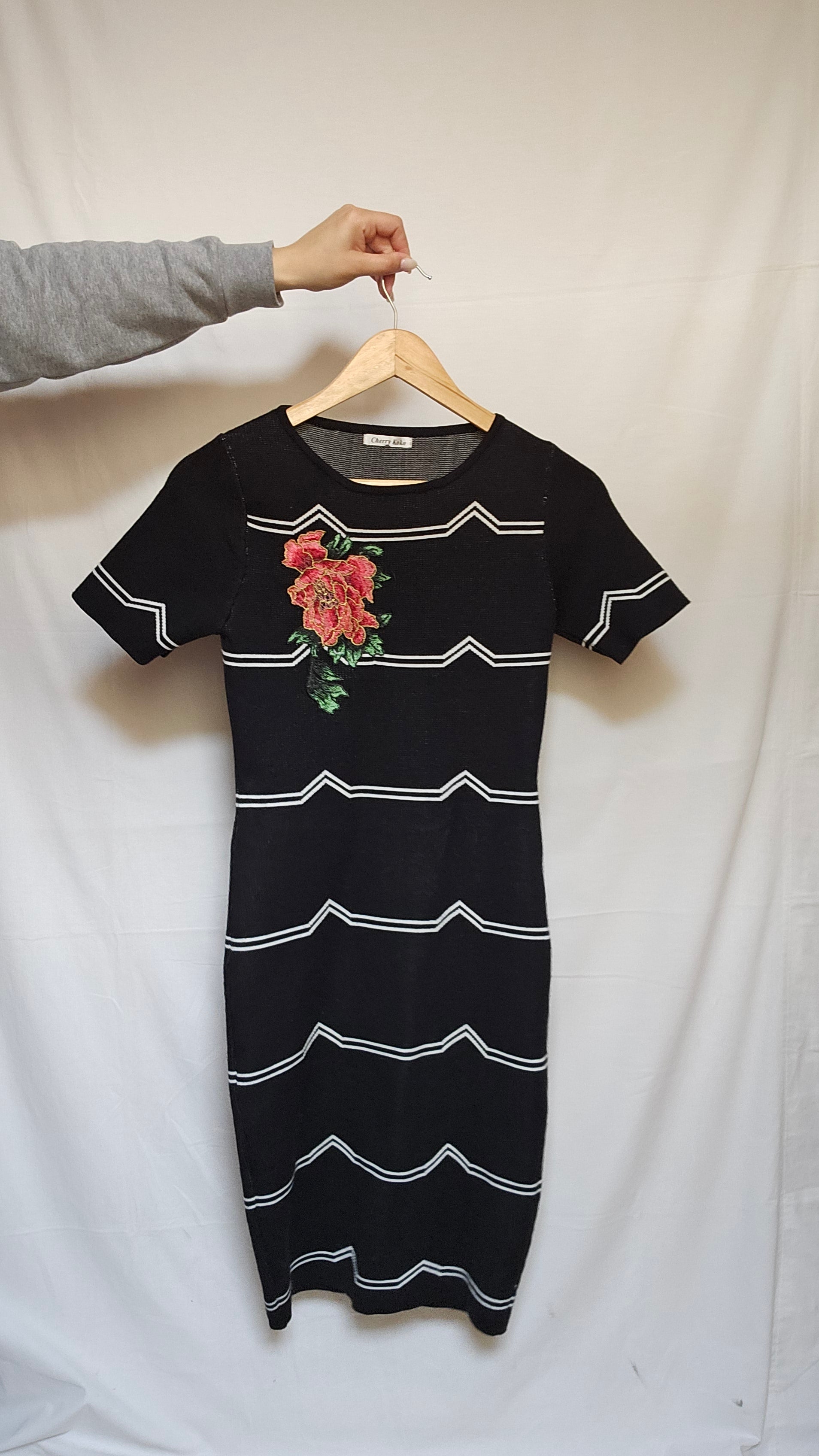 Black Stripe Knit Dress with Floral Embroidery